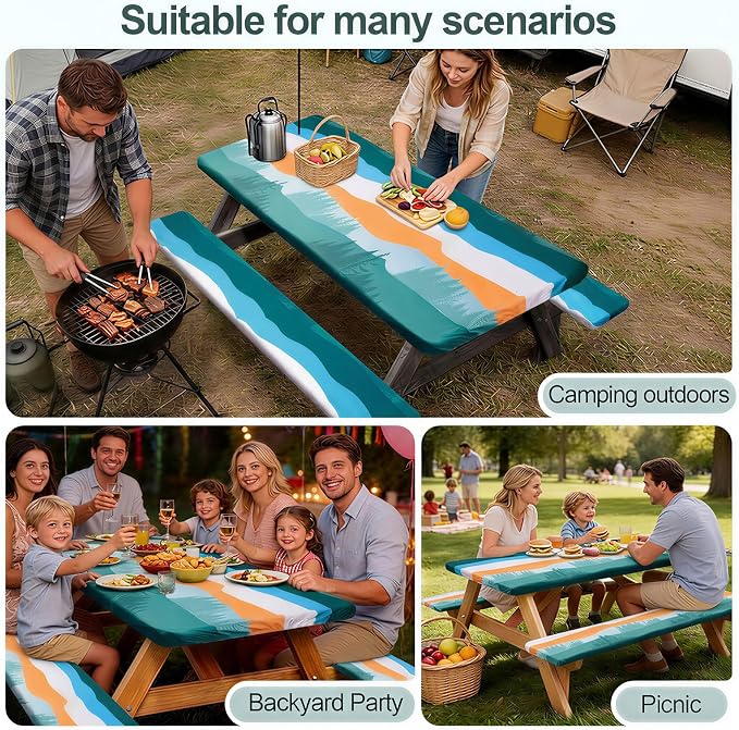 Picnic Table Cover Bench Covers Camping Essentials Tablecloth | Waterproof Vinyl for Outdoor, Windproof Elastic Fitted Edges, RV BBQ Accessories Must Haves, Storage Bag Included