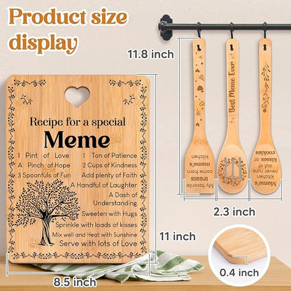 Meme Gifts - "Recipe for a Special Meme" Meme Gifts for Grandma Cutting Board Set, Bamboo-Made Engraved Utensil Set Gifts for Meme Cutting Board, Mothers Day Gifts for Meme.