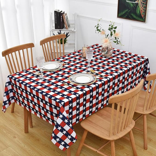 Waterproof Patriotic Tablecloth Fabric - Oblong 52x70 Inch Independence Day Buffalo Tartan Table Cloth for Indoor/Outdoor Use - Washable Tabletop Cover for Dinner, BBQs, and Parties