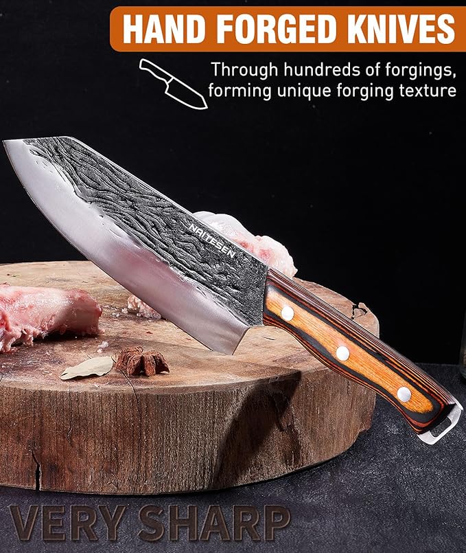 Naitesen 7PCS Hand Forged Butcher Knife and Kitchen Knife 2 in 1 Set with Roll Bag, Heavy Duty Meat Cleaver Serbian Chef Knife Breaking Knife Boning Knife for Meat Cutting BBQ Gifts for Men Women