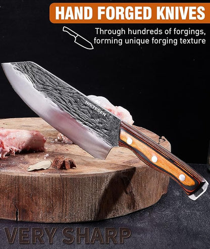 Naitesen 7PCS Hand Forged Butcher Knife and Kitchen Knife 2 in 1 Set with Roll Bag, Heavy Duty Meat Cleaver Serbian Chef Knife Breaking Knife Boning Knife for Meat Cutting BBQ Gifts for Men Women
