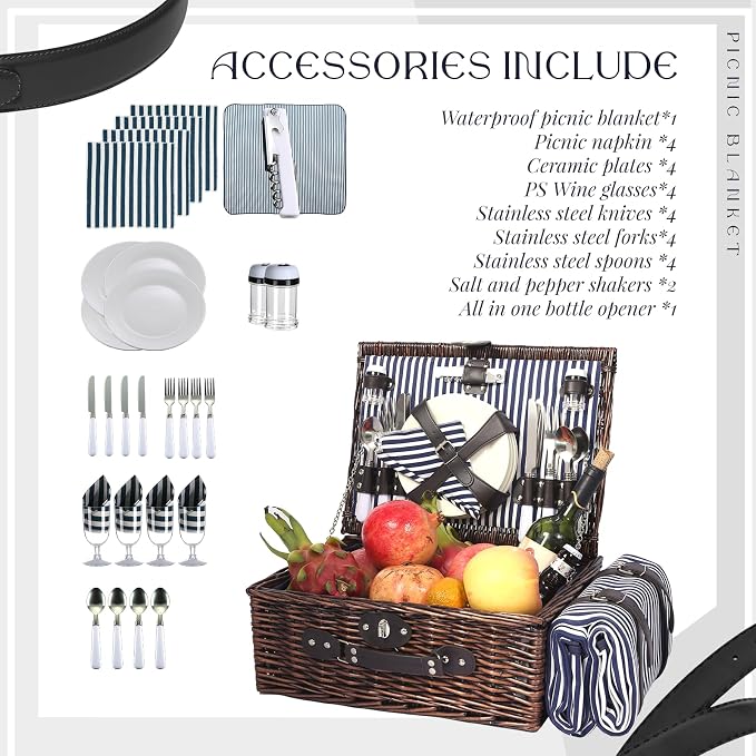 Wicker Picnic Basket Set for 4, Blanket, Cooler Bag, Blue Stripes | Four-Person Wicker Set Includes Tableware, Insulated Food Storage and Waterproof Blanket for Parks, Camping, Dates and Gifts