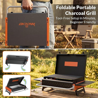 Portable Charcoal Grill, Foldable Tabletop BBQ Grill for 2-4 People | Fold-Flat Camping Grill, Removable Ash Pan, Side Shelves, Locking Lid for Backyard, Patio, Tailgating & Outdoor Cooking