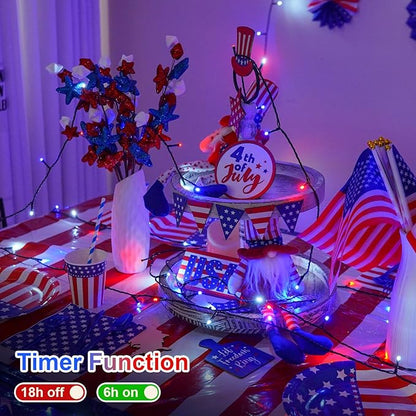 QITONG 4 Pack Red White Blue String Lights Battery Operated, Each 16ft 50 LED 4th of July Christmas Lights Outdoor, 8 Modes Green Wire Patriotic Lights Indoor for Independence Memorial Day Decor