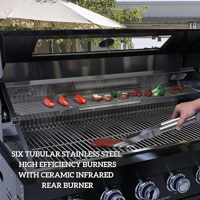 157" 6-Burner 96000 BTU Propane Gas Outdoor Kitchen Island - Stainless Steel Grill with Wine Cooler, Rotisserie, Granite Countertops, Storage Cabinets & Drawers,Black