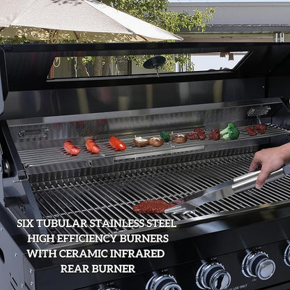 157" 6-Burner 96000 BTU Propane Gas Outdoor Kitchen Island - Stainless Steel Grill with Wine Cooler, Rotisserie, Granite Countertops, Storage Cabinets & Drawers,Black