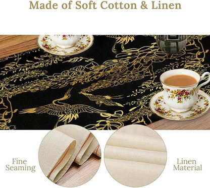 Japanese Table Runner Oriental Gold Cranes Vintage Asian Chinese Traditional Dinner Runner Table Decoration for Home Kitchen Dining Table Holiday Party 13x90in
