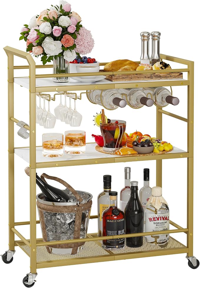3 Tier Bar Cart, Small Beverage Cart, Mini Bar Cart with Wine Rack, Compact Mini Bar Cart - Please Refer to the Exact Dimensions for Usage Matching Dimensions: 22" W × 13" D × 35.8" H GBC507G