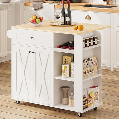 IRONCK Kitchen Island with Drop Leaf and Wine Rack, Rolling Kitchen Island on Wheels with Storage, Kitchen Island Cart with 3 Spice Rack, 3 Open Shelves, and Drawer, White