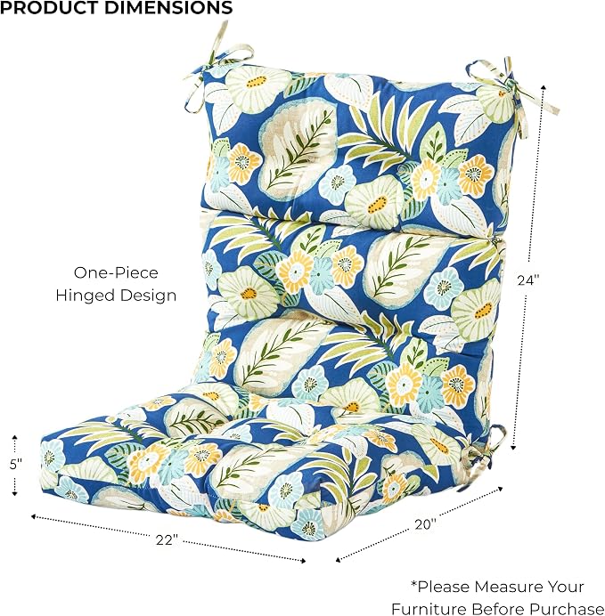 Outdoor Tufted High-Back Chair Cushions, One-Piece Hinged Seat and Back Design, Reversible with 4 Ties, Durable Polyester Fabric, Recycled Fiber Fill - Set of 2, Marlow Blue Floral