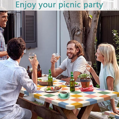 Picnic Table Cover with Bench Covers Elastic Edges | Colorful Checkered Fitted Table Cover, 30x96 Inch 3PCS Outdoor Patio Camping Essentials, Waterproof Camping Fitted Tablecloth