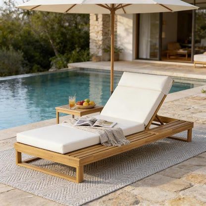 Merax Teak Finish Acacia Wood Chaise Lounge with 4-Inch Beige 4-Fold Cushion Set, Adjustable Outdoor Patio Lounger with Flat Side Surface, for Poolside