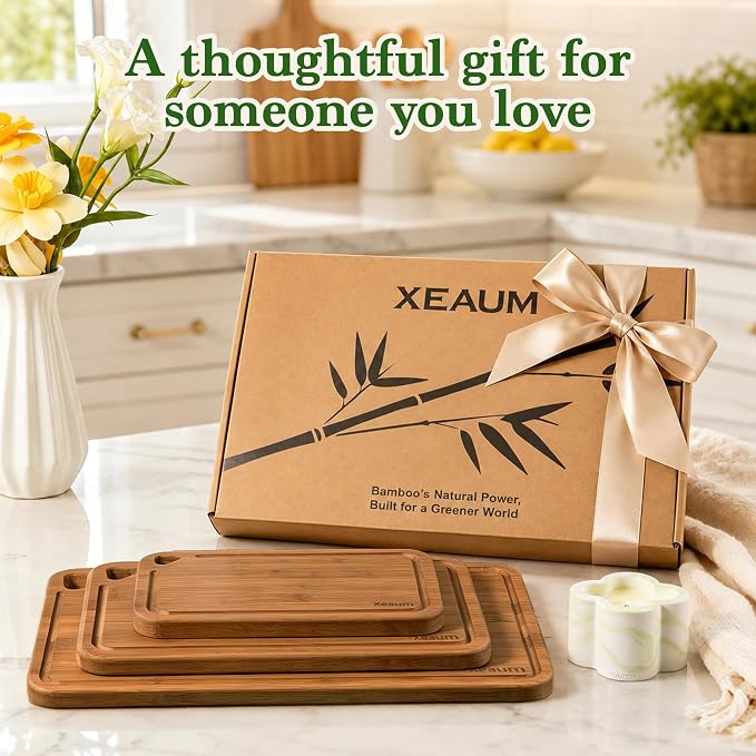 Deep-Carbonized,Royal Craft Wood Bamboo Cutting Board Set, 3-Piece | Durable Bamboo w/ Deep Juice Grooves | Non-Slip & Knife-Friendly | Versatile for Meat, Bread, Veggies | Easy to Hang Store