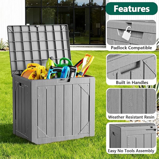 Outdoor Storage Box,30 Gallon Deck Box Outdoor Storage Bench Outside Waterproof Resin Storage Bench, Lockable Patio Cushions, Garden Tools Storage For Furniture, UV Resistant Gray