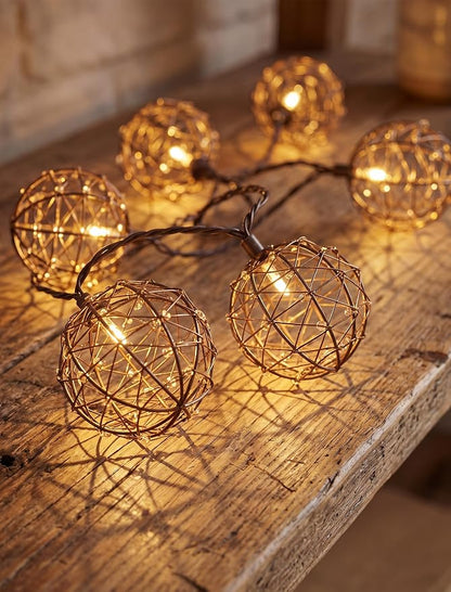 Abeja LED Outdoor Patio Lights, 8.5Ft Beaded Copper Wire Ball Style Lantern Lights with 12 Mini Bulbs, Connectable Boho Lantern String Lights for Yard Garden Bistro Campings Porch Party Backyard