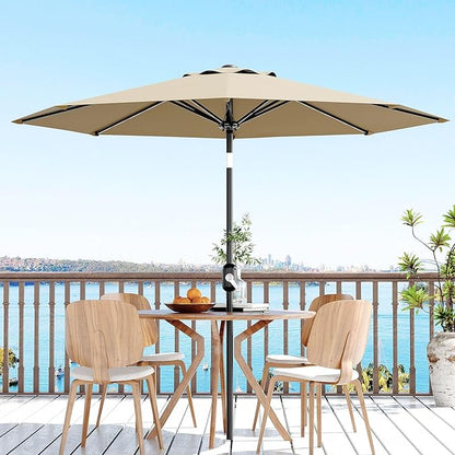 9 ft Patio Umbrella - 8 Sturdy Ribs Outdoor Table Umbrella with Crank Lift & Push Button Tilt - Market Umbrella for Pool, Deck, Yard, Garden - Tan