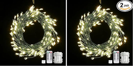 Battery Operated Fairy Lights With Remote - 200 LED Christmas Twinkle Lights With Timer, 16Ft Green Wire, Waterproof String Light for Bedroom, Garland, Outdoor Tree, Wreath - Battery Power (Pack of 2)