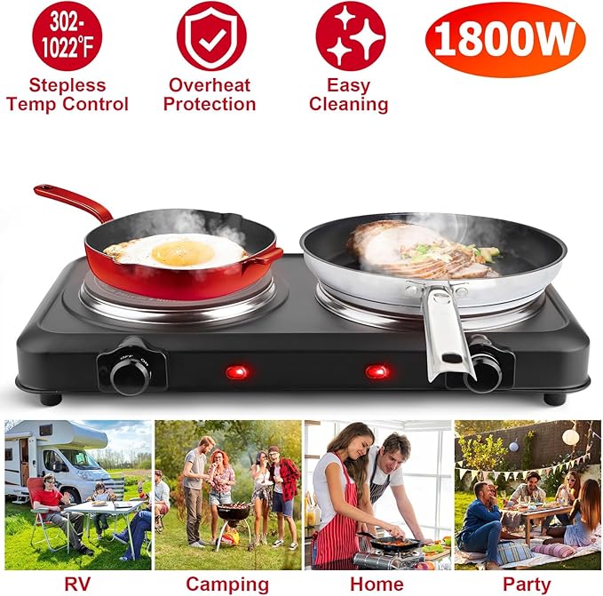 1800W Infrared Dual Burner Portable Electric Hot Plate | 7.5” & 6.3” Glass Cooktops with Stepless Temperature Control (302℉ to 1022℉) | Compact Heating Solution for Home, RV, Camping, and Dorms