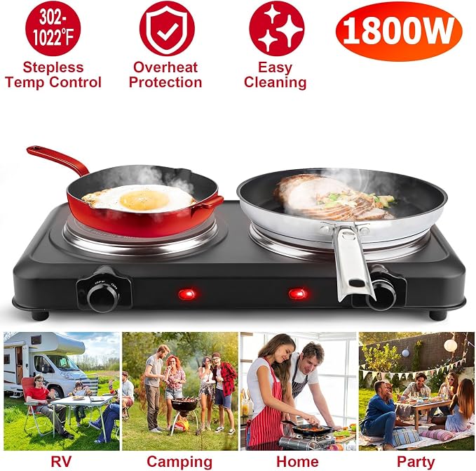KOCASO 1800W Dual Infrared Burner Hot Plate, 7.5" & 6.3" Glass Cooktop, Stepless Temp Control 302°F-1022°F, Portable Electric Stove for Home, RV, Camping, Dorms