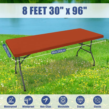 Moosfor 2 Pack Rectangle Spandex Fitted Table Cloth, 8FT Elastic Tablecloth | Washable Picnic Table Cover, Stretch Waterproof Table cloths for Party, Patio, Dining, Kitchen, 30" x 96", Rust