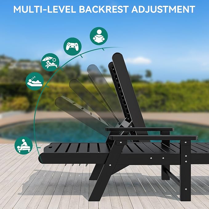 YITAHOME Outdoor Chaise Lounge Chair with Adjustable Backrest, Heavy Duty Resin Patio Lounger with Wide Armrest and 350lbs Capacity for Outside Poolside Beach Backyard, Waterproof, Black