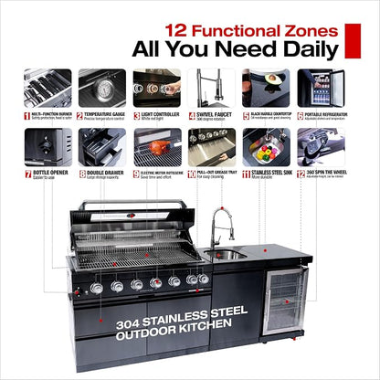 Modular 304 Stainless Steel Outdoor Kitchen Island Gas Grill,Six Burner 85000 BTU Barbecue Station with Refrigerator,Sink,Faucet,Rotisserie,Granite Countertop,Storage Drawers,Cabinets,Wheels (Black)