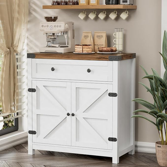 YESHOMY Kitchen Storage Cabinet, Coffee Bar Cabinet, Farmhouse Sideboard Buffet with Storage, Barn Door Accent Cabinet with a Drawer and Adjustable Shelf for Dining Room, Entryway, Rustic White, 1PCS