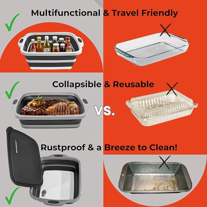 Collapsible Large (8L) BBQ Marinating Tub w/ Cutting Board | Multipurpose Food-Grade TPE Prep Tub w/ Lid | Built-In Colander & Drain Plug - For Camping | Tailgate | Picnic - Slate Black