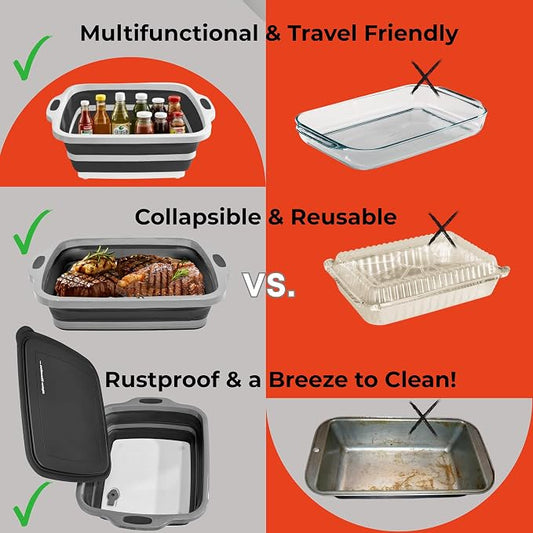 Collapsible Large (8L) BBQ Marinating Tub w/ Cutting Board | Multipurpose Food-Grade TPE Prep Tub w/ Lid | Built-In Colander & Drain Plug - For Camping | Tailgate | Picnic - Slate Black