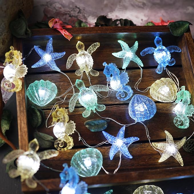 Beach Decorative Lights Marine Sea Life Décor Ocean Fairy Lights Nautical Waterproof Battery Operated String Lights Under The Sea Christmas Tree Decoration 30LED 10ft Summer Garden Tent Decor
