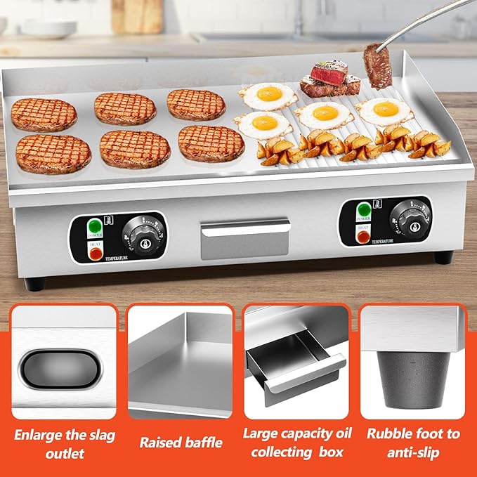 29" Commercial Electric Countertop Griddle,110V 3000W Flat Top Grill Hot Plate BBQ,Adjustable Thermostatic Control 122°F-572°F,Stainless Steel Restaurant Grill for Kitchen(NO PLUG)