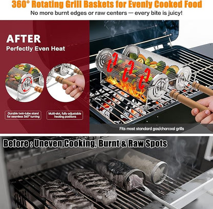 Rolling Grill Basket,Removable Wooden Handle with Condiment Bottle and Stand, 304 Stainless Steel,Nesting BBQ Tools, Smoker Grilling Accessories for Vegetable Shrimp, Birthday Gifts for Men Dad Husban