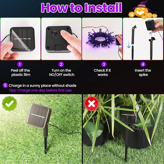 Purple Halloween Lights Outdoor Solar String Lights Waterproof for Halloween Decorations, Total 100LED 45FT for Garden Yard Pathway Fence, 8 Modes 50LED x 2 Packs