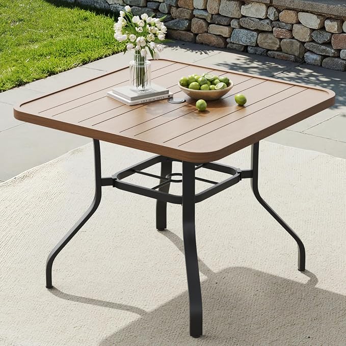 Outdoor Patio Dining Table with 1.57" Umbrella Hole, 35"x35" Wood-Like Texture, All-Weather Metal Frame for Poolside, Deck, Porch