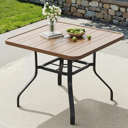 Outdoor Patio Dining Table with 1.57" Umbrella Hole, 35"x35" Wood-Like Texture, All-Weather Metal Frame for Poolside, Deck, Porch