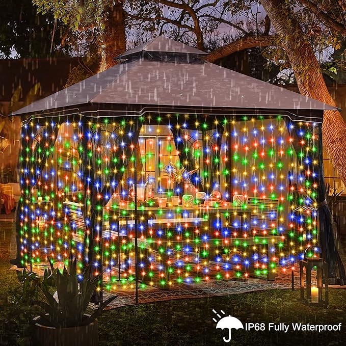 echosari 20Ft x 10Ft Large Curtain Lights Plug in Warm White & Multicolor | 600 LED Dual Color Changing Outdoor Curtain Lights Waterproof Connectable with Remote for Wedding Backdrop Yard Decor