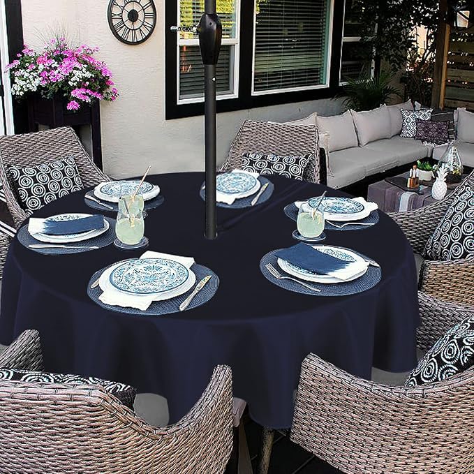 Fitable Outdoor and Indoor Tablecloth, Navy, 60 Inches Round | Washable Waterproof Wrinkle Free Table Cover, Zipper and Umbrella Hole, For Spring Summer Party Picnic Camping Patio