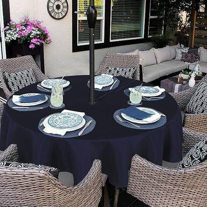 Fitable Outdoor and Indoor Tablecloth, Navy, 60 Inches Round | Washable Waterproof Wrinkle Free Table Cover, Zipper and Umbrella Hole, For Spring Summer Party Picnic Camping Patio