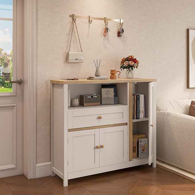 Viaozutis Coffee Bar Cabinet with Doors and Drawer, 35.4" Kitchen Storage Cabinet with Adjustable Shelf, Freestanding Buffet Sideboard for Dining Room, Bathroom, Entryway, White