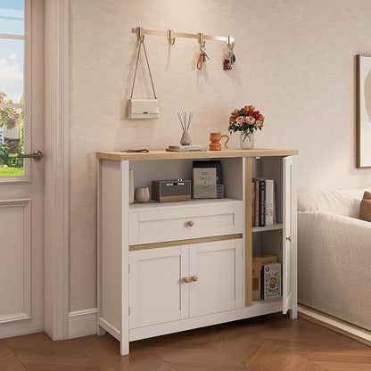 Viaozutis Coffee Bar Cabinet with Doors and Drawer, 35.4" Kitchen Storage Cabinet with Adjustable Shelf, Freestanding Buffet Sideboard for Dining Room, Bathroom, Entryway, White
