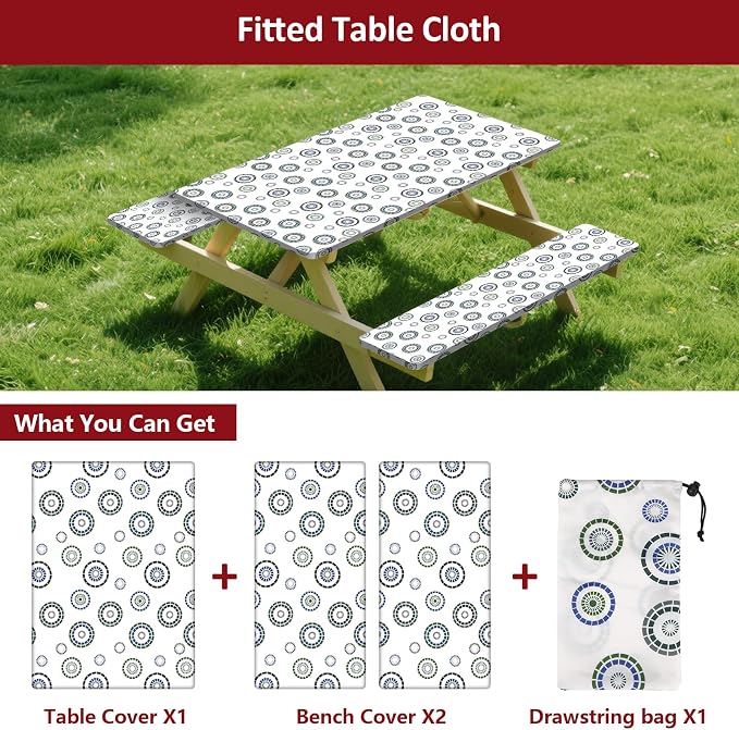 6ft 72in Picnic Table and Bench Cover, 3 Pack, Blue Flywheel | Drawstring Bag, Waterproof Windproof, Elastic Fitted Edges Tablecloth, for Rectangle Table & Seat, Camping Essentials RV Gear