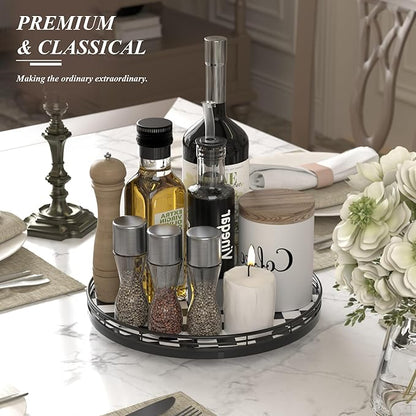AMH 12 Inch Black and White Checkerboard Lazy Susan with Oak Wood Base | Smooth rotating oak tray with walnut finish for dining tables, kitchen counters, pantries and cabinet storage.