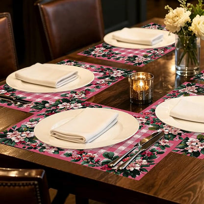 Nuxovilar Tablerunner and Placemats Set of 7 Pink Plaid with Floral Decor Linen Square Placemats for Dining Dining Sets and Accessories Brunch, Afternoon Tea, Ladies’ Gatherings
