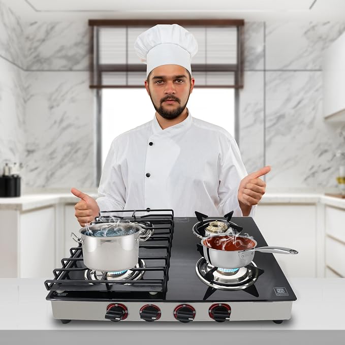 4 Burner Gas Stove Top, 25" Black Tempered Glass Countertop Stove | Stainless Steel 4 Burner Cooktop Burners RV Stove for Cooking Range Gas with Hose & Regulator to Connect Propane Cooktop