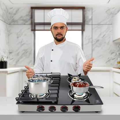 4 Burner Gas Stove Top, 25" Black Tempered Glass Countertop Stove | Stainless Steel 4 Burner Cooktop Burners RV Stove for Cooking Range Gas with Hose & Regulator to Connect Propane Cooktop