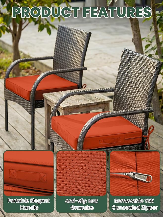 Outdoor Chair Cushion 18.5 x 16 x 4 Inches Patio Furniture Outdoor Waterproof Seat Cushion, Patio Chair Cushion with Handles and Ties, Square Dining Chair Cushion Set of 2, Orange