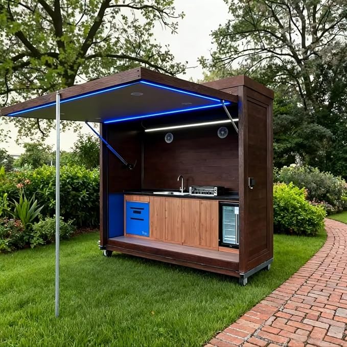 Prefab Outdoor Kitchen Suite - Modern BBQ Island with Automatic Hydraulic Canopy - Custom Configurations for Any Backyard