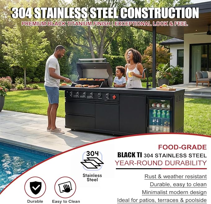 84" Modular Outdoor Kitchen Island, 75,300 BTU 6-Burner 304 Stainless Steel Gas Grill, Prefab BBQ Island Station with Side Burner, Rotisserie Kit, 70L Fridge & Sink, Propane to Natural Gas Ready