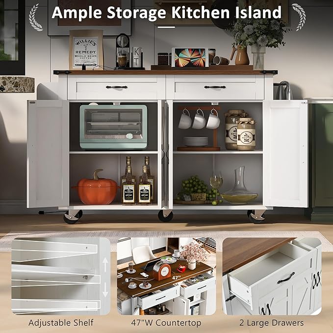 53.5''Farmhouse Kitchen Island with Power Outlet,Storage Cart W/Drop Leaf/Spice Rack/Drawer,Rolling KitchenCart on Wheels,for Home,Dining Room,White