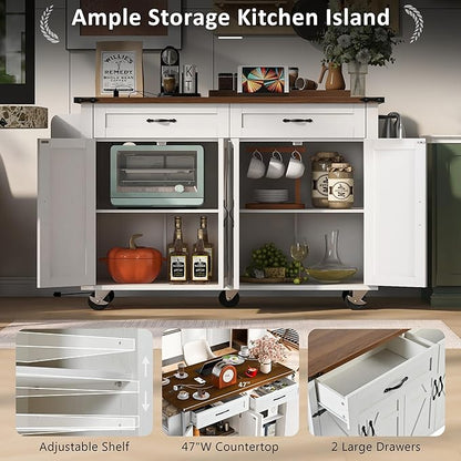 53.5''Farmhouse Kitchen Island with Power Outlet,Storage Cart W/Drop Leaf/Spice Rack/Drawer,Rolling KitchenCart on Wheels,for Home,Dining Room,White